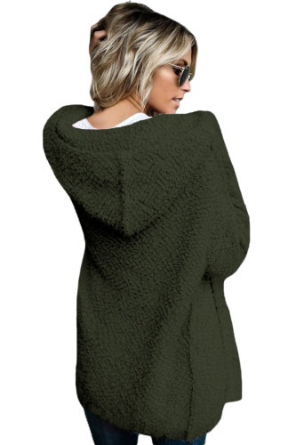Army Green Fluffy Hooded Open Front Cardigan