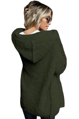 Army Green Fluffy Hooded Open Front Cardigan