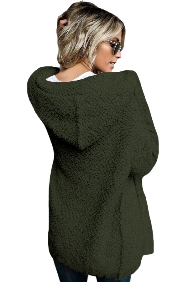Army Green Fluffy Hooded Open Front Cardigan