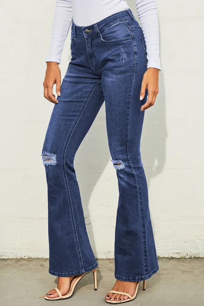 Ripped Knee Detail Blue Flared Jeans