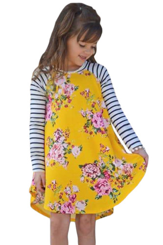 Yellow Spring Fling Floral Striped Sleeve Short Dress for Kids