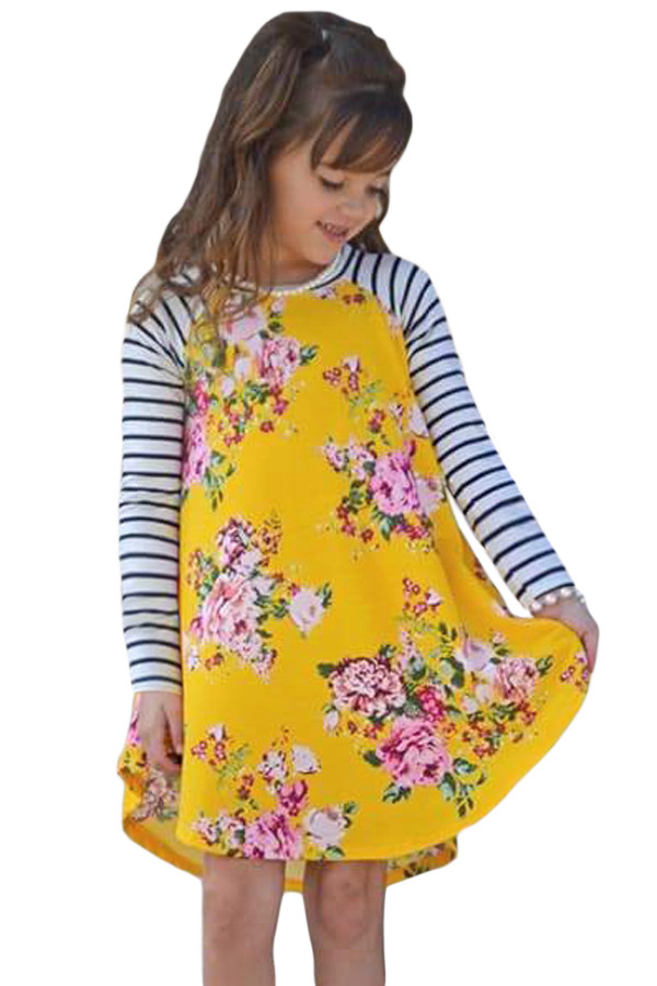 Yellow Spring Fling Floral Striped Sleeve Short Dress for Kids