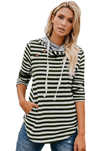 Green Striped Button Detail Hoodie