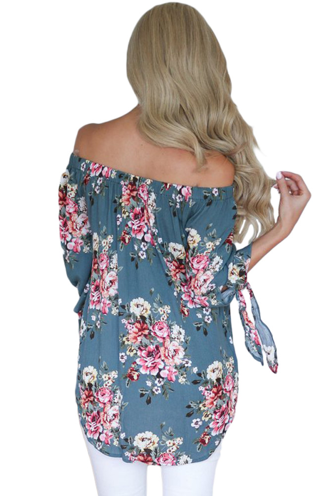 Sage Blue Floral Elastic Off Shoulder Top