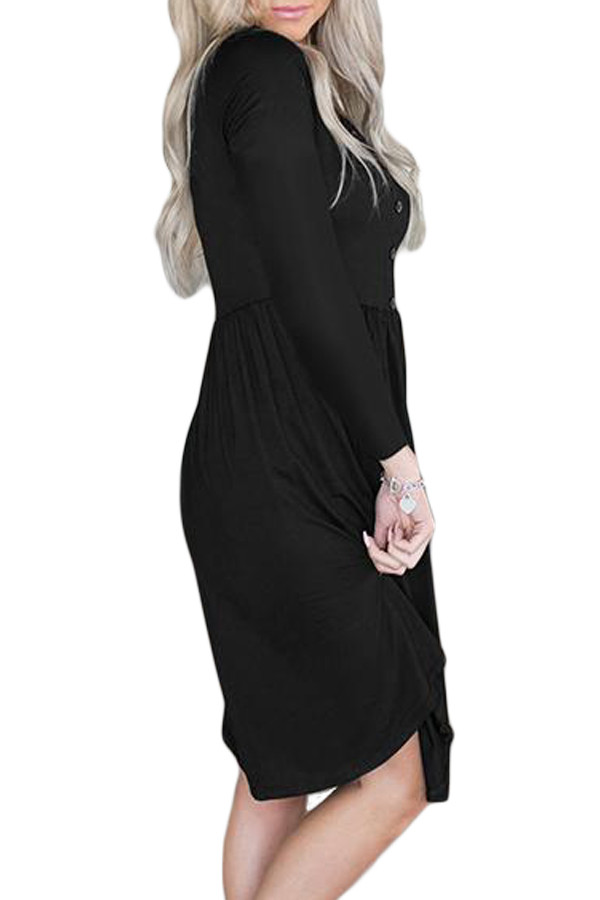 Black Long Sleeve Button Ruffled Irregular Hem Swing Dress