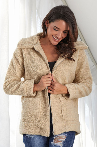 Camel Lamb Wool Zipped Chunky Coat
