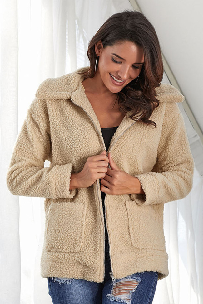 Camel Lamb Wool Zipped Chunky Coat