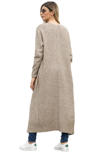 Khaki Open Front Knit Long Cardigan