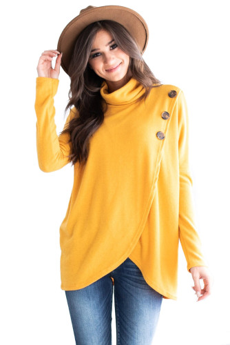 Yellow Button Cowl Neck Overlap Tunic Top