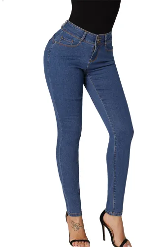 Medium Denim Cuffed Butt Lifting Skinny Jeans