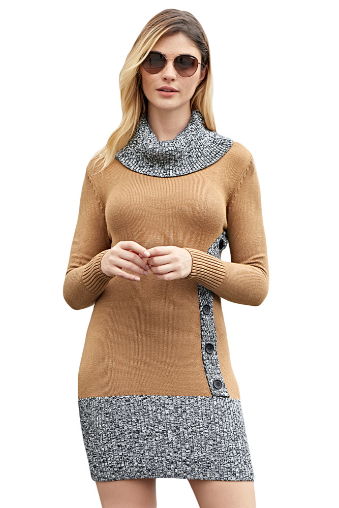 Khaki Gray Button Front Sweater Dress