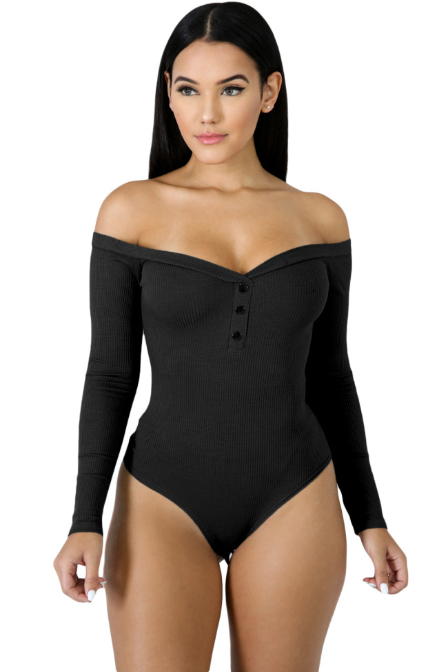 Black Button Front Off Shoulder Long Sleeve Bodysuit