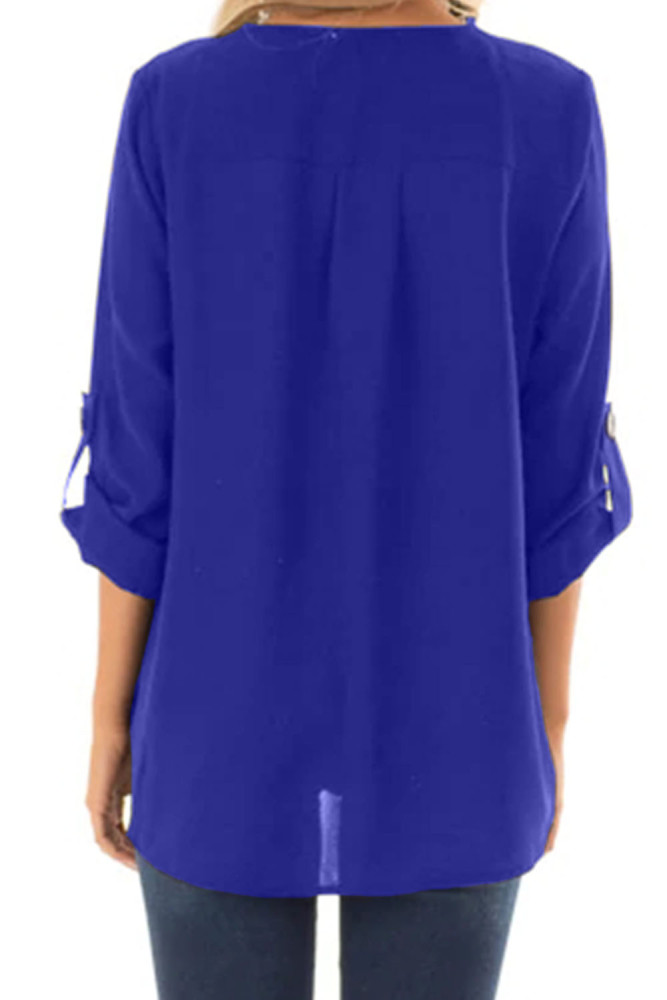 Blue Asymmetrical Button up Top with Roll up Sleeves