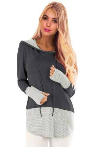 Pinstriped Patchwork Gray Thumbhole Sleeved Hoodie