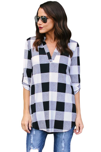 Black White Tricolor Plaid V Neck Blouse