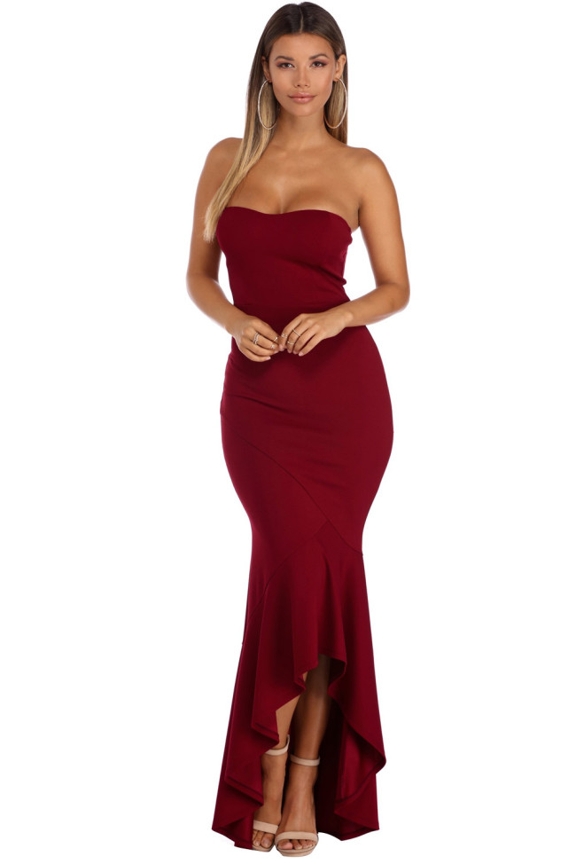 Burgundy Strapless High-low Hem Mermaid Dress