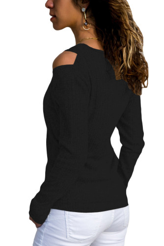 Black Ribbed V Neck Cold Shoulder Top