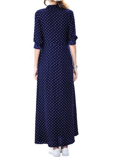 Navy Blue Polka Dot Button Down Maxi Shirt Dress