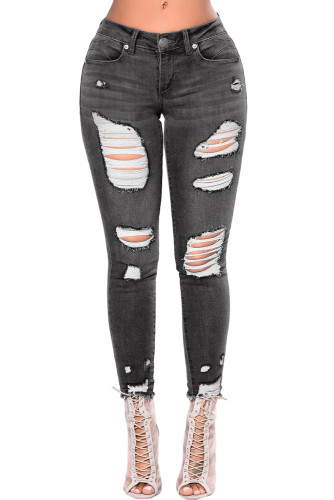 Gray Distressed Raw Hem Denim Pants