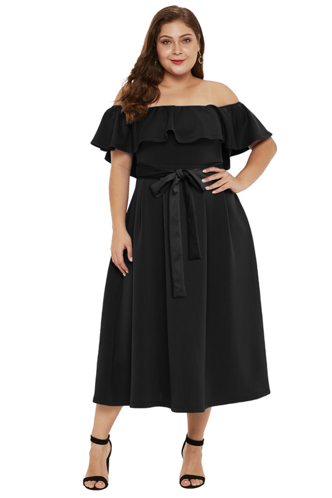 Black Beat To It Plus Size Off-the-shoulder Dress