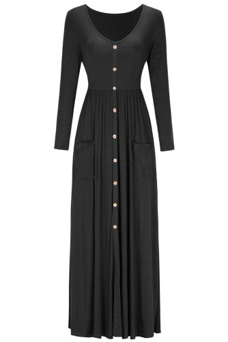 Black Button Front Pocket Style Casual Long Dress
