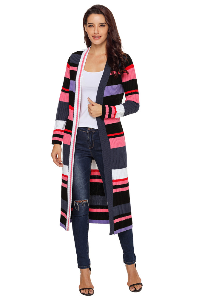 Multicolor Striped Colorblock Open Front Long Cardigan