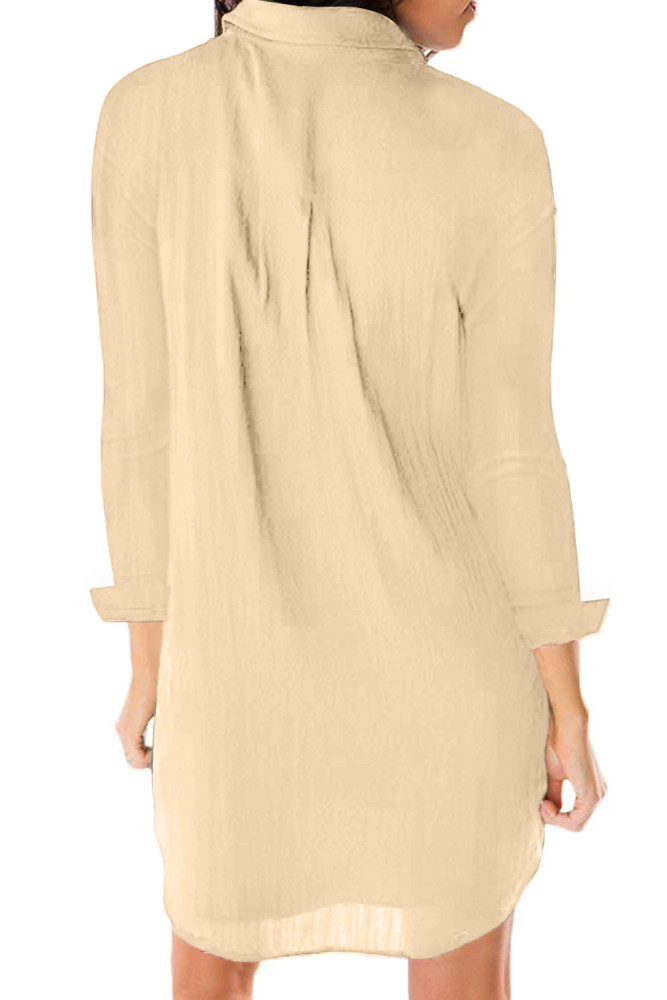 Apricot Long Sleeve Button Down Crepe Shirt Dress