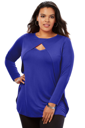 Navy Long Sleeve Keyhole Drape Plus Size Top