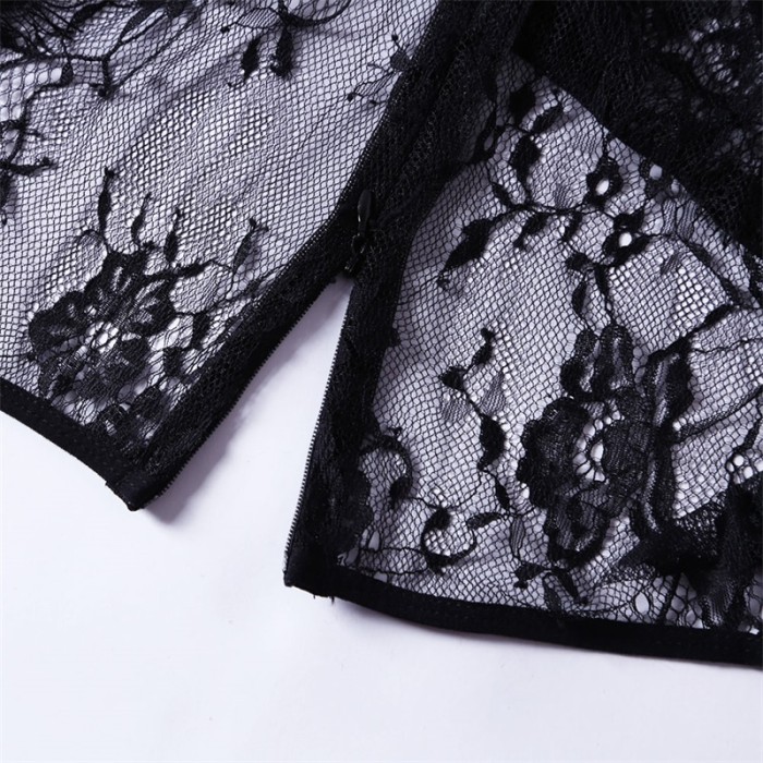 Black Long Sleeve Embroidery Lace Bodysuit
