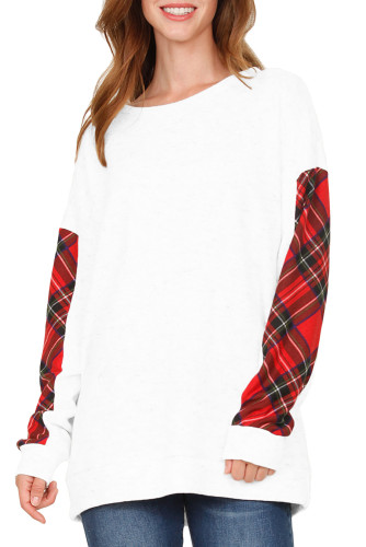 Scotland Plaid Contrast Sleeve White Sweatshirt