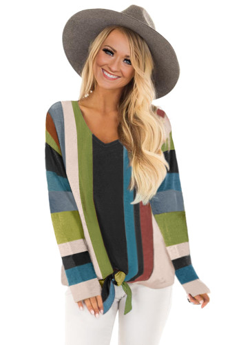 Dark Multi Striped Tie Front Long Sleeve Top