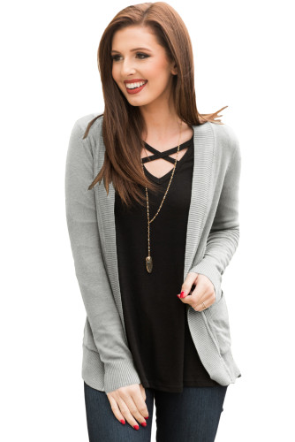 Gray Knit Long Sleeve Cardigan Top with Pockets
