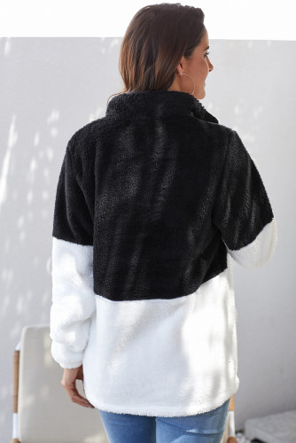 Black White Zip Neck Oversize Fluffy Fleece Pullover