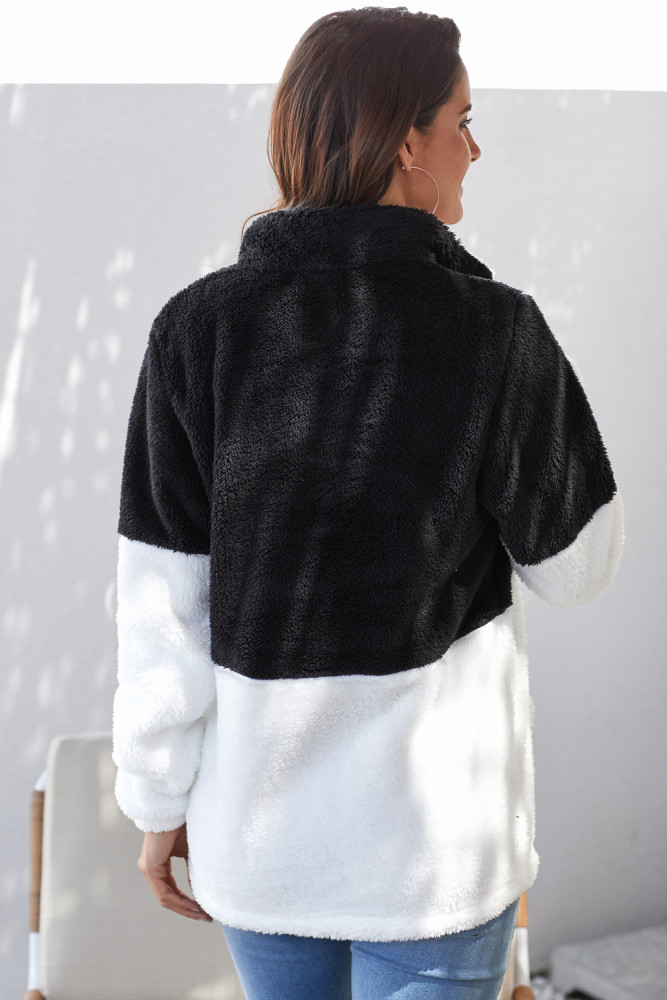 Black White Zip Neck Oversize Fluffy Fleece Pullover