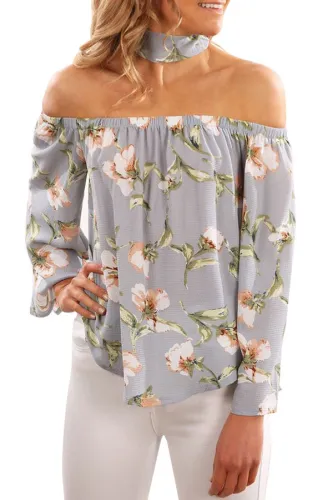Gray Floral Print Off Shoulder Blouse with Choker