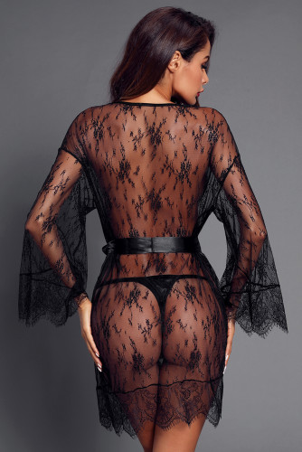 Black Long-sleeved Lace Kimono Robe with Belt