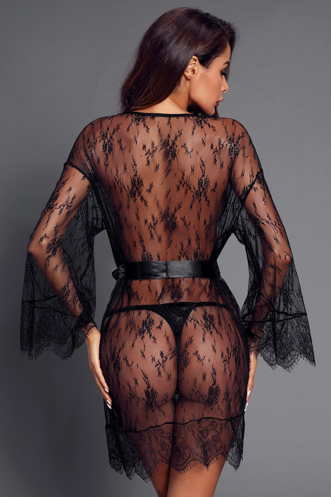 Black Long-sleeved Lace Kimono Robe with Belt