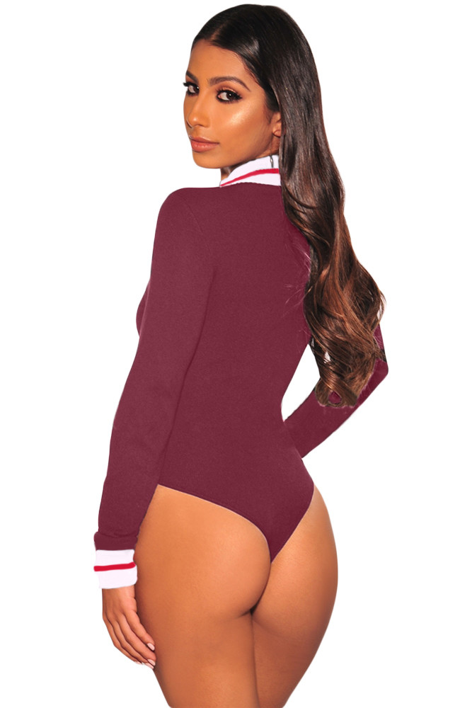 Claret White Red Striped Ribbed Knit Mock Neck Zipper Bodysuit