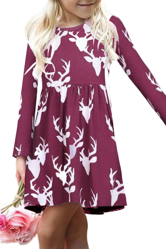 Burgundy Christmas Deer Print Long Sleeve Girl Dress