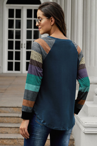 Color Block Long Sleeves Navy Pullover Top