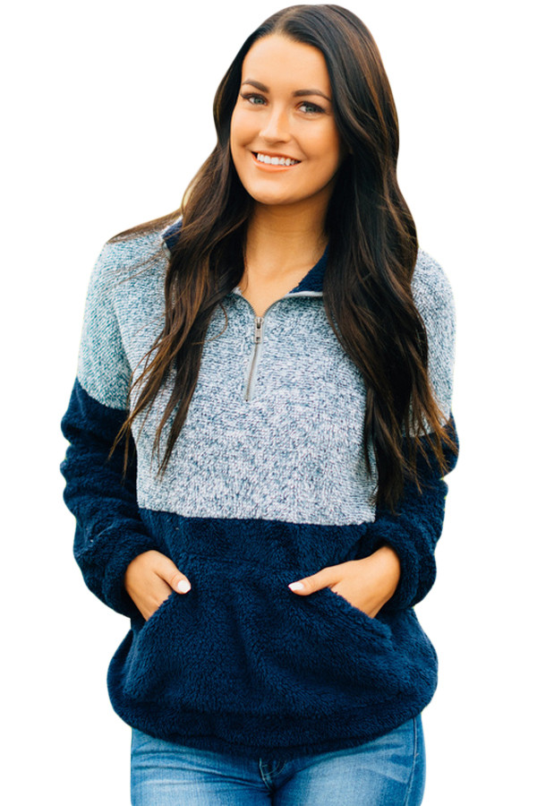 Navy Gray Color Block Zip High Neck Fleece Sweatshirt