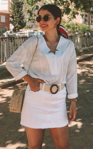 White Crepe Plaid Notched Neckline Blouse