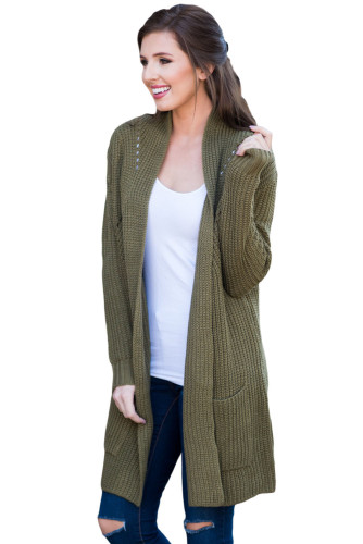 Army Green Open Front Women Cardigan with Pockets