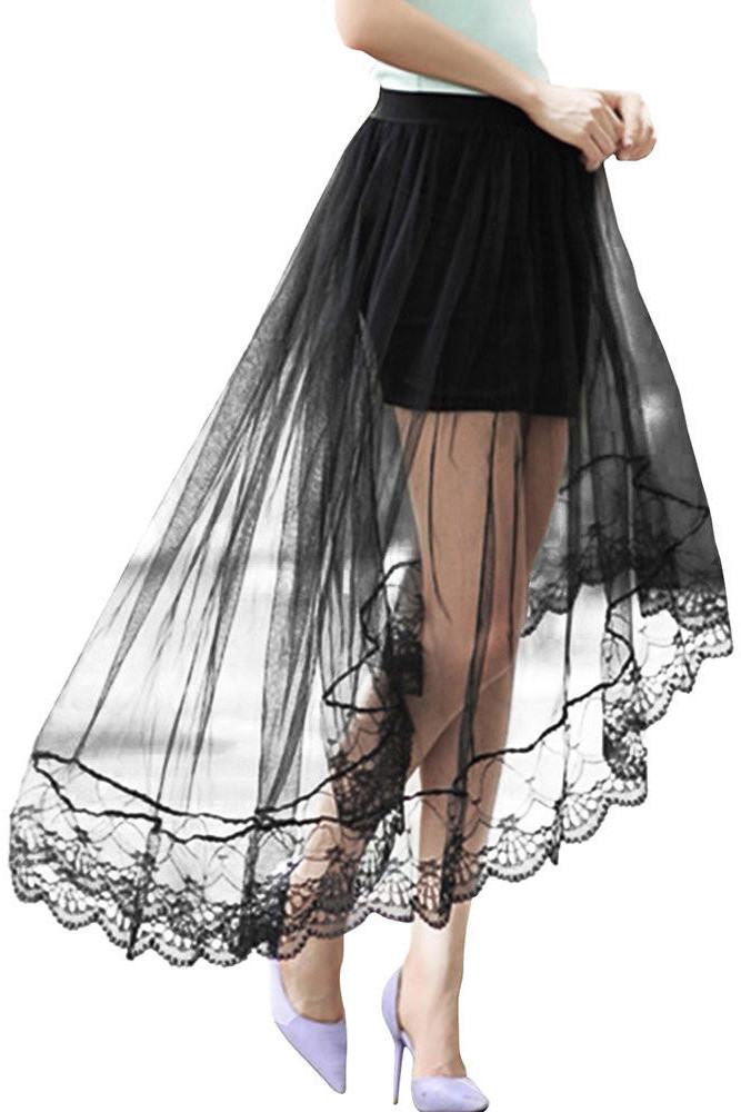 Black Lace Tulle Overlay Hi-lo Hem Skirt