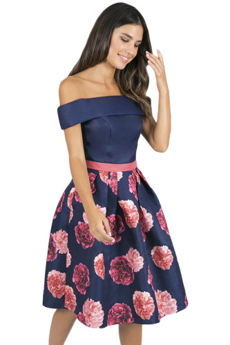 Navy Blue Off Shoulder Flared Floral Dress
