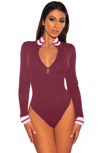Claret White Red Striped Ribbed Knit Mock Neck Zipper Bodysuit