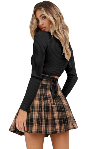 Black Wrap V Neck Tie Waist Ribbed Crop Top