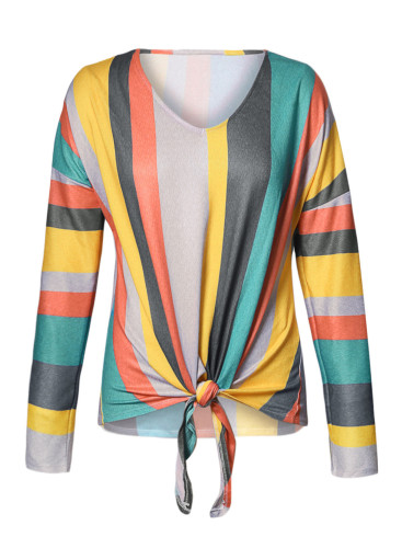 Grayish Multi Striped Tie Front Long Sleeve Top