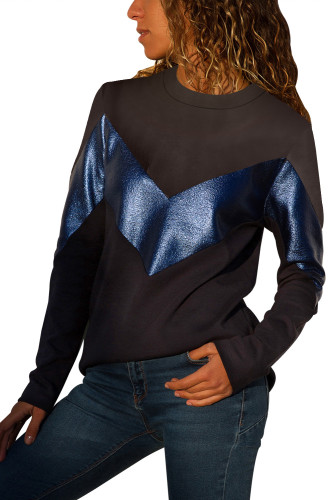 Black Navy Color Block Leatherette Splice Sweatshirt