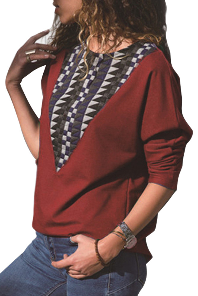 Burgundy Long Sleeve Colorblock Diamond Top